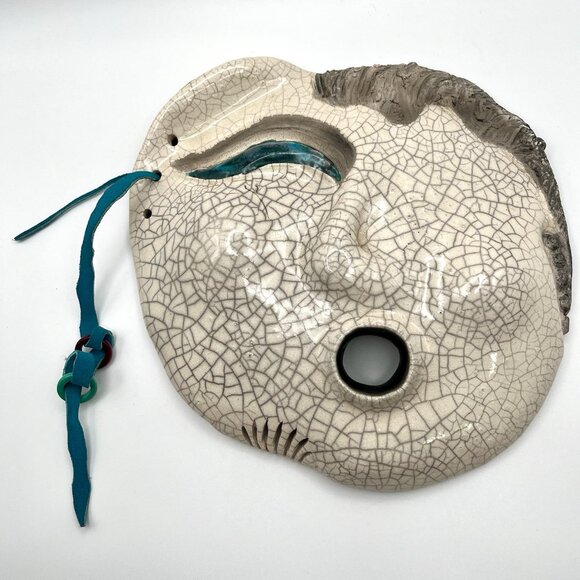 Handmade Raku Ceramic Mask Abstract Crackle Glaze Face Wall Art Signed Jan ‘91 - Picture 1 of 12